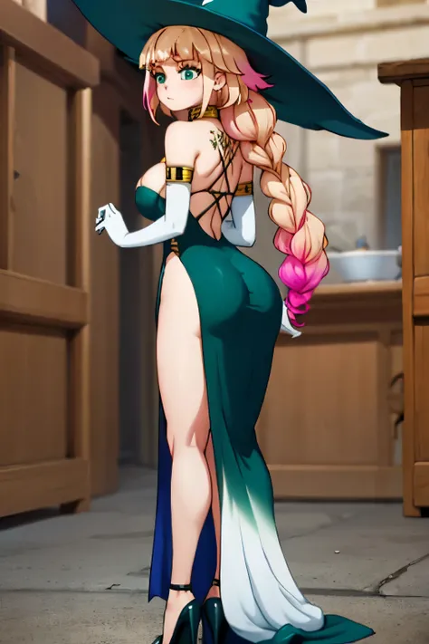 demia, full body, ass-focus, back, looking at viewer, long hair, blonde hair, (green eyes:1.3), pink hair, braid, multicolored hair, single braid, gradient hair, gloves, hat, dress, cleavage, bare shoulders, choker, elbow gloves, white gloves, black dress,...