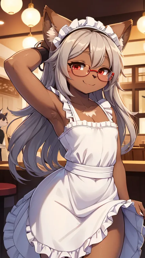 best quality,best resolution,(fluffy anthro furry :1.6),(young :1.8),(brown skin :1.6),cat girl,small breasts,light grey hair,long hair,wavy hair,curvy hair,red eyes,glistering eyes,sparkle eyes,huge circle glasses,maid outfit,maid headdress,maid gloves,ru...