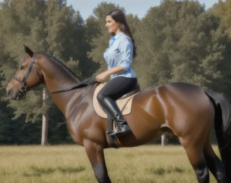 woman sitting on a horse in a field with trees in the background, riding a horse, on horseback, riding a horse, riding a horse, 👰 🏇 ❌ 🍃, with horse led, having fun, riding a prancing horse, profile picture, riding a black horse, shapely woman, adult woman,...