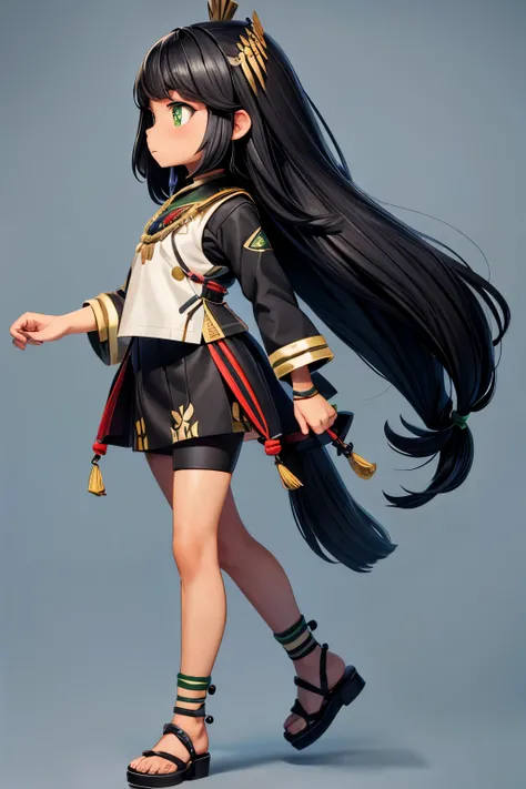 indigenous girl, fullbody, side view, walking right, chibi, 2d, black skin, black long hair, green eyes