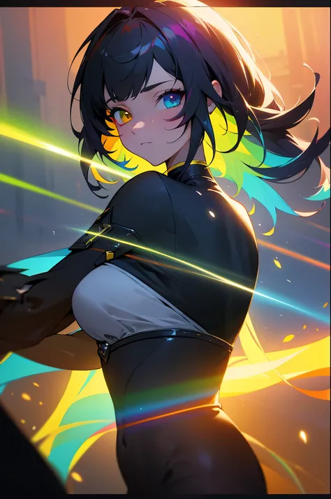 
{{masterpiece}}, best quality, extremely detailed CG unity 8k wallpaper, cinematic lighting, lens flare, beautiful detail eyes, black, side glance, multicolor hair, colorful light, particles, heterochromia, (colorful:1.5), (colorful hair:1.5),
