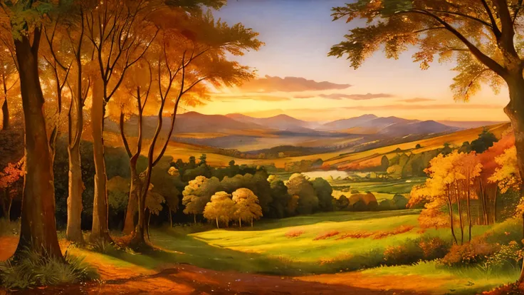 pre-raphaelite painting of an irish celtic landscape of an autumnal woodland, sunset, floresta encantada, tons de dourado