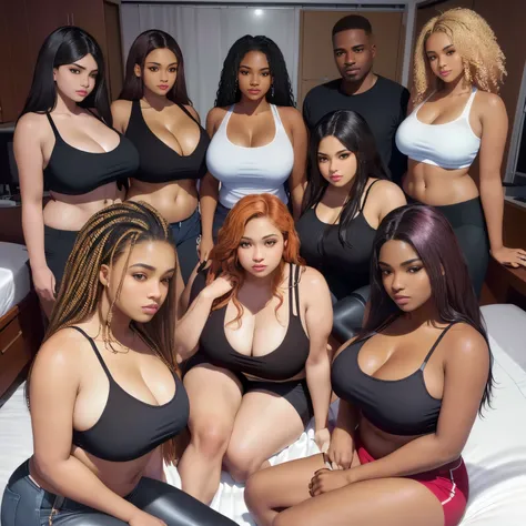 (A single black man laying on his back, in-bed wearing shorts, in-center of composition) A diverse group of five young adult Americans, representing different ethnicities and characteristics, wearing yoga-pants and tank-tops, displays their unique beauty w...