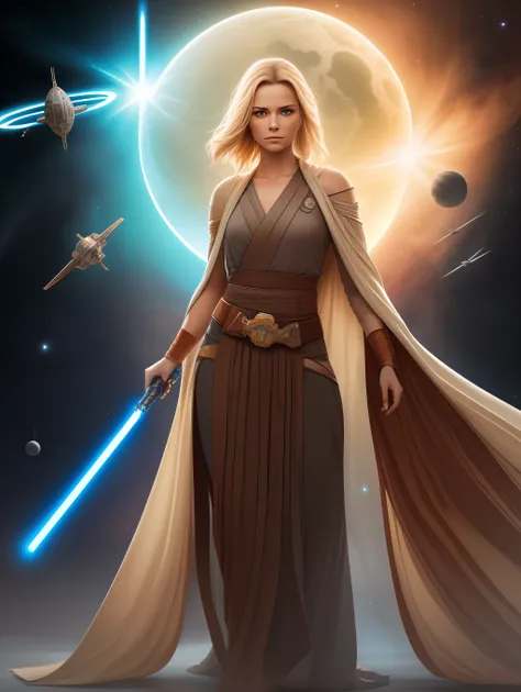 (8k, high resolution, cinematic), Bring to life a captivating digital portrait of a stunning 27-year-old woman with flowing blonde hair, vestido com uma roupa Jedi sexy com tema de Star Wars. A woman must exude an air of grace and strength, embodying the s...