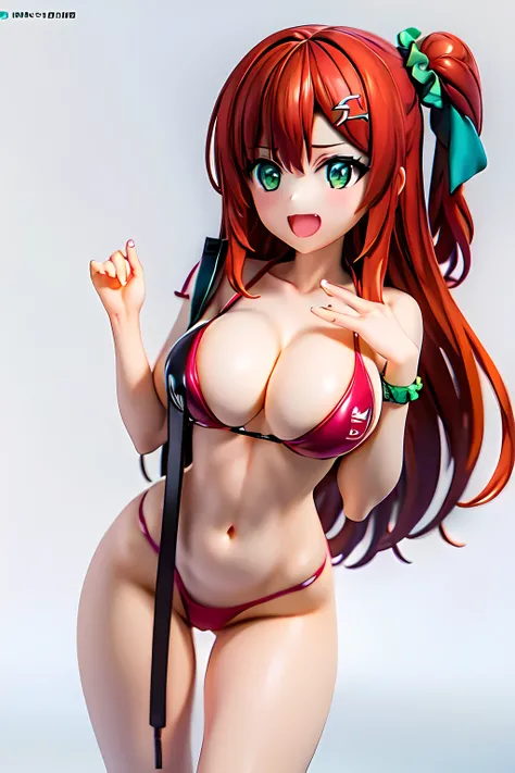 best quality, masterpiece, extremely detailed CG, official art , professional lighting, sakimiyairuka, one side up, green scrunchie, hair ornament, red hair, green eyes, perfect face, gleaming skin, groin, playboy bunny,bar