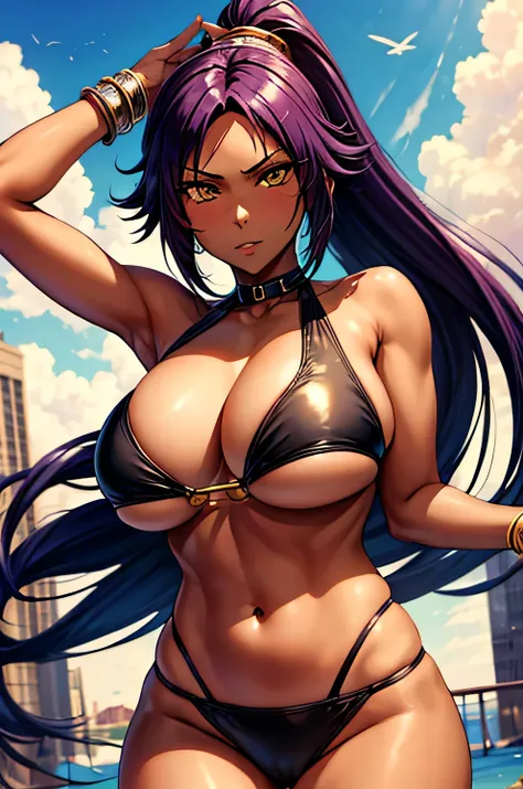 1girl, masterpiece, high quality, sexy, huge breast, bright breasts, looking into camera, safe, sfw, yoruichi shihouin, shihouin yoruichi