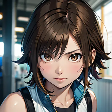 Asuka Kazama, lipgloss, honey eyes, flirty, cheeky, prickly hair, short hair, brown hair, muscles, sporty