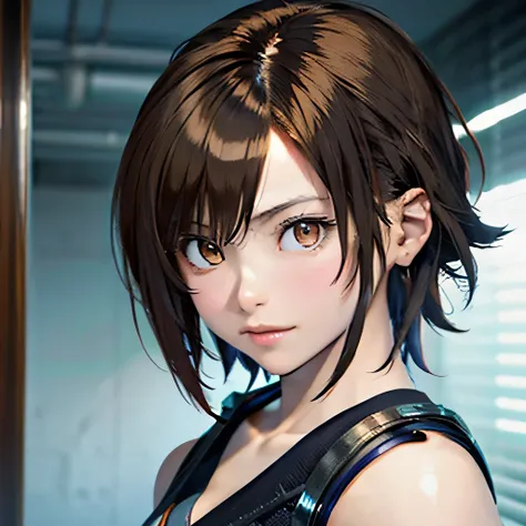 Asuka Kazama, lipgloss, honey eyes, flirty, cheeky, prickly hair, short hair, brown hair, muscles, sporty, realistic, mature