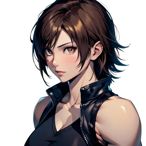 Asuka Kazama, lipgloss, honey eyes, flirty, cheeky, prickly hair, short hair, brown hair, muscles, sporty, realistic, mature, white background, muscular body, sexy