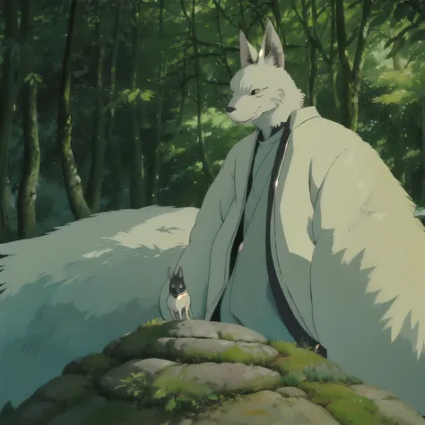 Fox anthropomorphic samurai in peaceful forest.