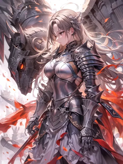 ((highest quality)),(Ultra-high resolution),(Very detailed),(Detailed Description),((The best CG)),(A masterpiece),Ultra-precise art,amazing drawing art,(Fantasy art with intricate detail:1.5), (female knight:1.5),(Intricately detailed armor:1.3), Black Ko...