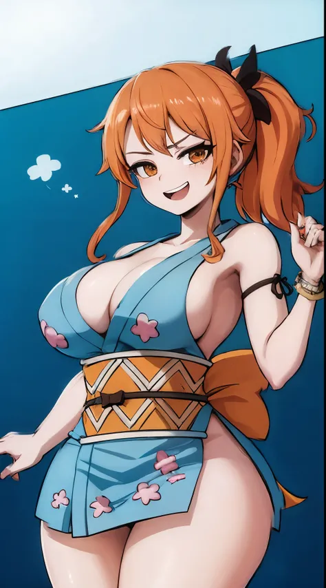 masterpiece, highest quality, High resolution, we (one piece), Long Hair, Orange Hair, Low Ponytail, Hair Bow, Blue ribbon, Brown eyes, clavicle, Cleavage, Short kimono, Blue kimono, No sleeve, Bare arms, bracelet, sash, heart, Are standing, Cowboy Shot, w...