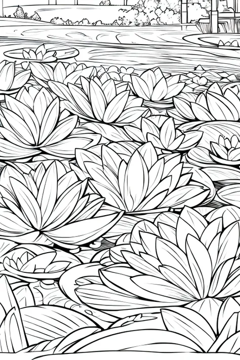 black and white, coloring page, lineart of a serene pond surrounded by water lilies in full bloom