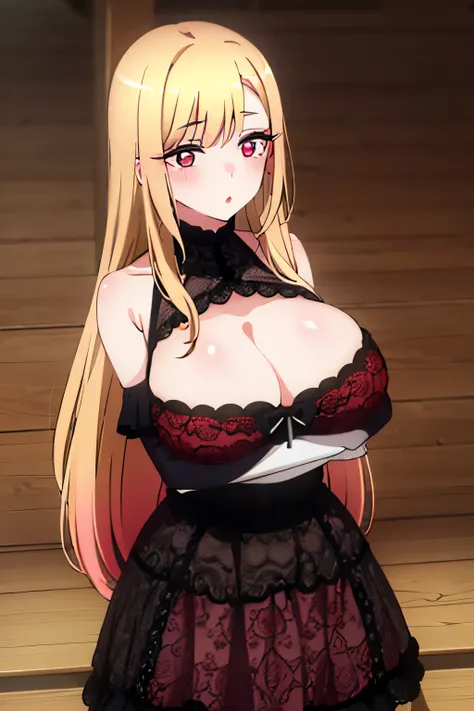 1girl, masterpiece, high quality, huge breast, bright breasts, looking into camera, safe, marin, shining , blush face, marin kitagawa, long hair, bangs, blonde hair, (red eyes:1.5), multicolored hair, standing, black lace dress, cleavage 