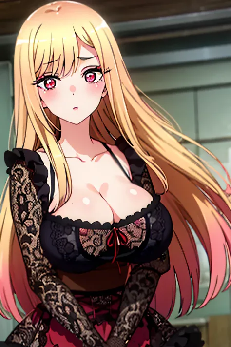 1girl, masterpiece, high quality, huge breast, bright breasts, looking into camera, safe, marin, shining , blush face, marin kitagawa, long hair, bangs, blonde hair, (red eyes:1.5), multicolored hair, standing, black lace dress, cleavage 