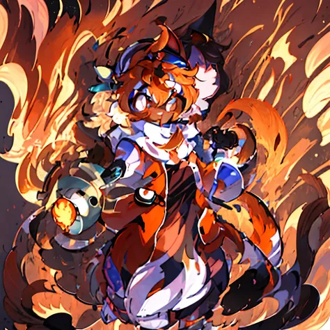 There is a picture of a cat wearing a hat and goggles., Soluble in Valpix, The fusion of buizel and humans, fluffy orange skin, furry art!!!, fire type, fire!! Full body, detailed fan art, fursona furry art commission, fursona art, very very beautiful furr...