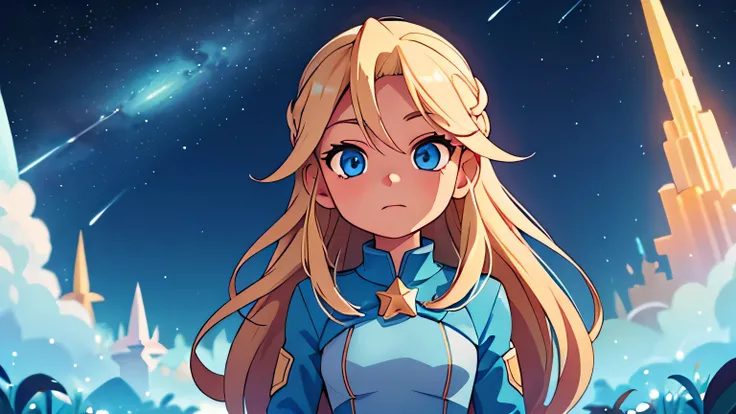 A photo of Starreis, blonde, blue eyes, long hair, starry background, spacey