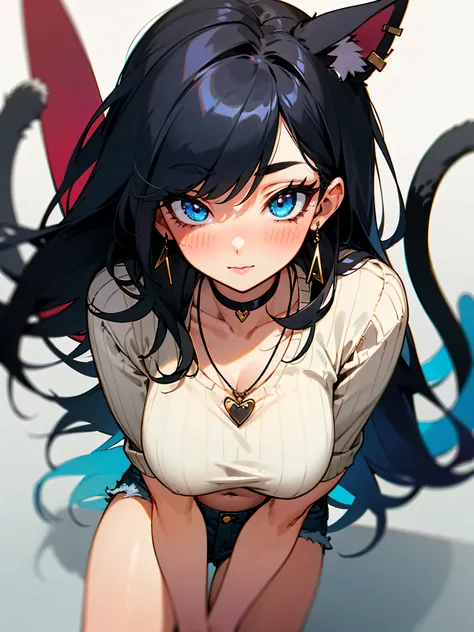 ((Long straight Black hair)), Perfect face, Cat Girl, Choker, earrings, ((Tall)), High Quality, Necklace, ((Large Tail)), Masterpiece, ((Mature)), ((Front View)), Vibrant Colors, Very Long Cat Ears, Sexy, Seductive, Pretty Eyes, Blue Eyes, Black Haired Tai...