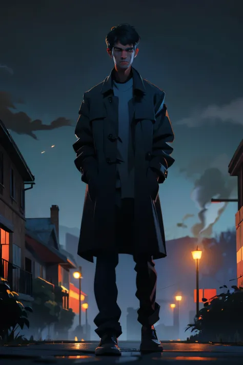 A man, wearing a coat and smoking, standing in front of a mental hospital, at night, dark theme, horror.