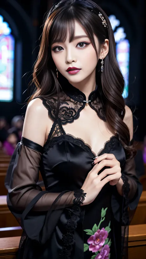 best quality、ultra-detailed、4k、Japanese、Seductive beauty、seductive adult woman、Pretty Woman、cool girl、Villainess、Brainwashed、brainwash、Fallen into evil、smirk、Evil look、Wicked Smile、evil、Brown hair、wavy hair、swept bangs、dark makeup、dark makeup、piercing eyes...