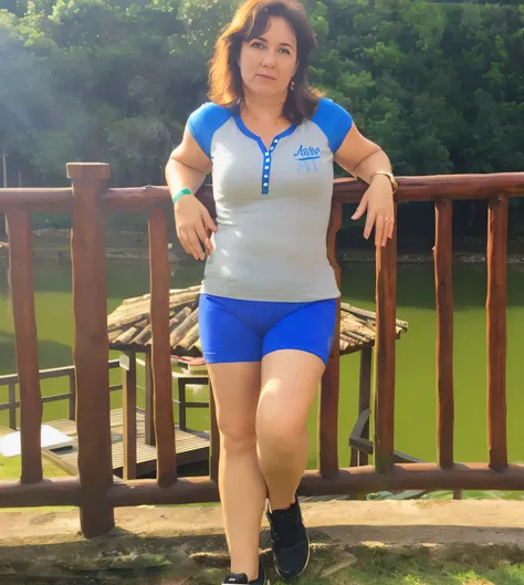 theres a woman standing on a wooden deck, standing on a bridge, cottagecore!! fitness body, with mountains in the background, she is walking in a river, wearing athletic gear, she is around 40 years old, very short and tight blue shorts, gray tank top with...