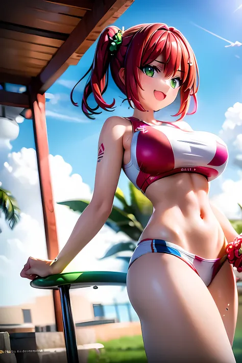 best quality, masterpiece, extremely detailed CG, official art , professional lighting, sakimiyairuka, one side up, green scrunchie, hair ornament, red hair, green eyes, perfect face, gleaming skin, groin, cheerleader, ground