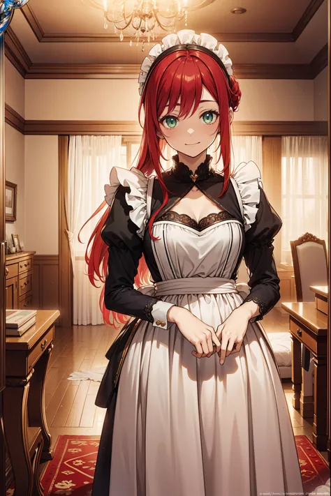 (Best quality, A high resolution, Textured skin, High quality, High details, High details,Extremely detailed CG unity), Enchanted，having fun，Being in love，housekeeper in fantasy world, crimson red hair, green eyes, exquisite costumes，solo person，long elega...