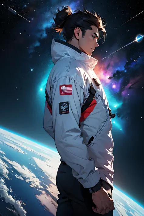 create a male character in profile for the YouTube channel image background in space 