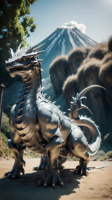 (masterpiece), (extremely intricate:1.3), (realistic), ((silver dragon, 4 legs, tail, standing proudly)), outdoors, intense sunlight, far away volcano, professional photograph of a stunning dragon detailed, ((dynamic pose)), sharp focus, dramatic, award wi...