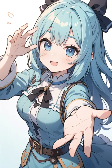 ((best quality)), ((masterpiece)), (detailed), perfect face, cute girl in pastel blue clothes, Welcoming hand, bringing you to isekai