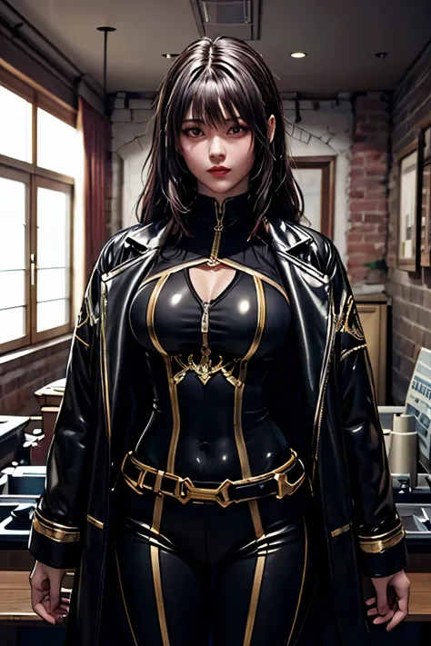 masterpiece,highest quality, Unreal Engine, Ultra-high resolution, Very detailed,
One girl, Large Breasts, Waist, thin,( Muscular:0.6)
Round Breasts, Medium Breasted ETA_Excellence,
Gold plating , Black bodysuit, Black jacket