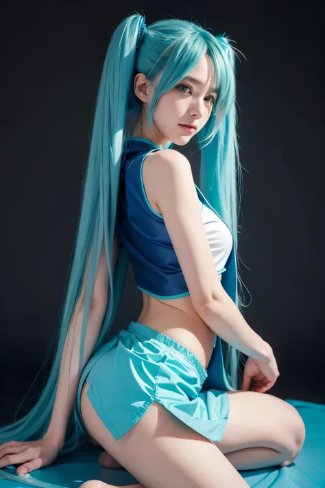 ((Body Portrait))、1girl in, (25-year-old Hatsune Miku), Anime Costume, Body Portrait, Wearing a blue vest, Put one foot on the ground, The calf of the other leg was facing outward, White background、Body Portrait、​masterpiece, top-quality, hightquality, hig...