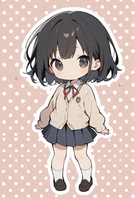 full body,1 girl,(cute:1.3),black hair, black eyes,｛school uniform, cardigan｝,10 old