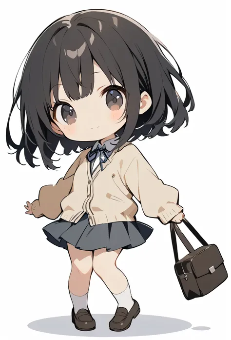 full body,1 girl,(cute:1.3),black hair, black eyes,｛school uniform, cardigan｝,10 old