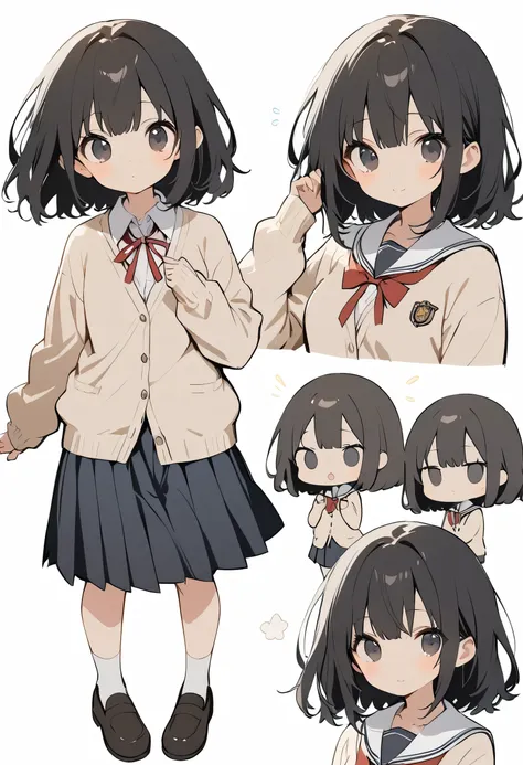 full body,1 girl,(cute:1.3),black hair, black eyes,｛school uniform, cardigan｝,10 old