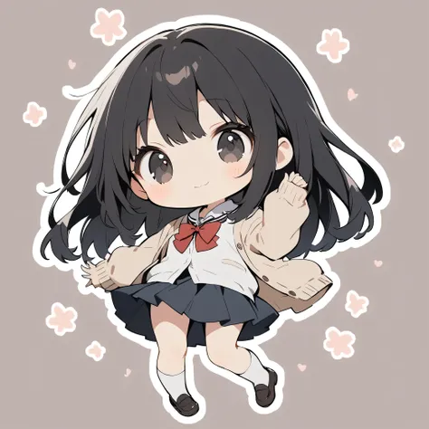 full body,1 girl,(cute:1.3),black hair, black eyes,｛school uniform, cardigan｝,10 old