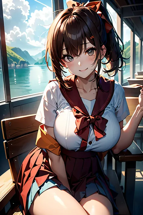 (Sit comfortably in a chair:1.3), (((Sailor suit))),(((Pleated skirt))),(Dark red bow tie:1.3),Cute face,Extreme close up of face,Shiny light brown and orange striped short hair,Messy ponytail,Cute Smile,Perfect round face,Iris,(hairpin、ponytail、Floating H...