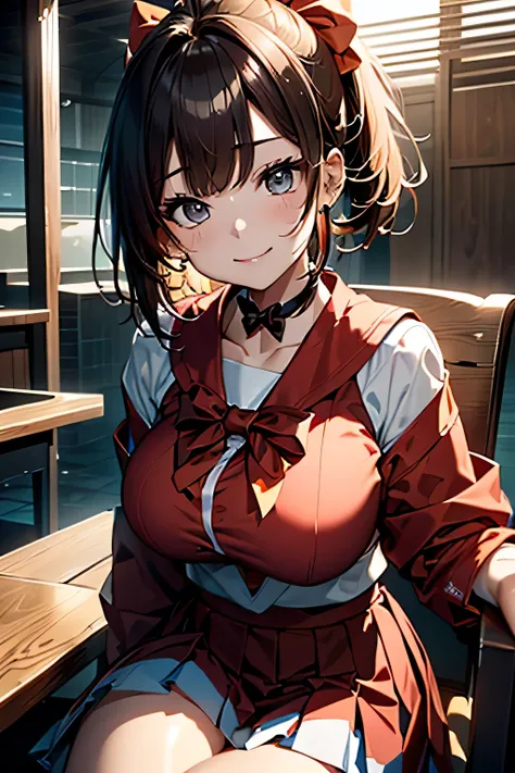 (Sit comfortably in a chair:1.3), (((Sailor suit))),(((Pleated skirt))),(Dark red bow tie:1.3),Cute face,Extreme close up of face,Shiny light brown and orange striped short hair,Messy ponytail,Cute Smile,Perfect round face,Iris,(hairpin、ponytail、Floating H...