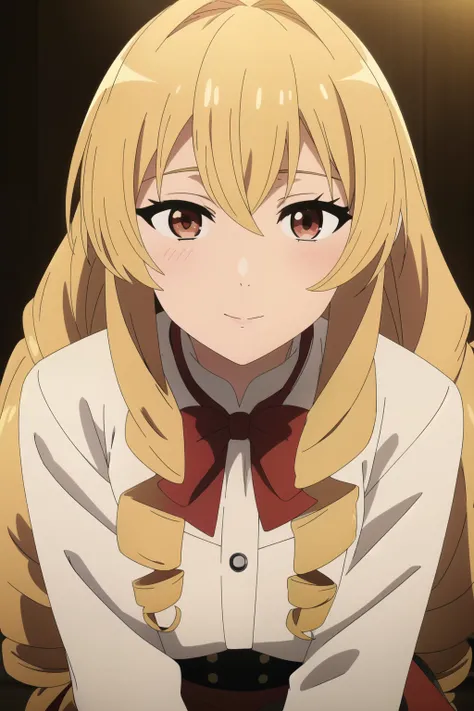 笑face, One girl,Blonde,Very long hair,Pointed Ears,Twin Drill,Red eyes,alone,Ahoge,Fairy,Drill Hair,Hair between the eyes,bangs,Hair Intake,Hair behind the ear, Long sleeve,,Red Skirt,Red bow tie,Black Corset,Knee socks,White shirt,, Amazing visuals, High ...