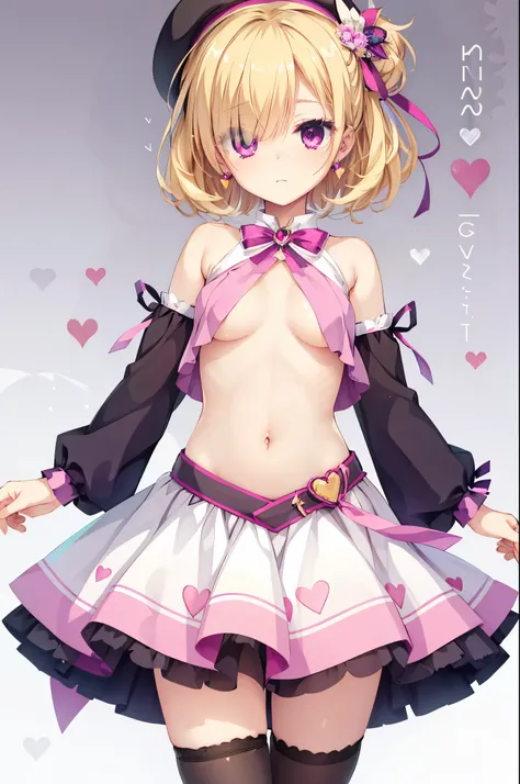 Small breasts,blonde,Hair above one eye,Pink Eyes,tights, ((Magical Girl Costume)),Removable sleeves,belly button,beret,ribbon,Heart Pendant,Earrings,(masterpiece,Best image quality,highest quality)