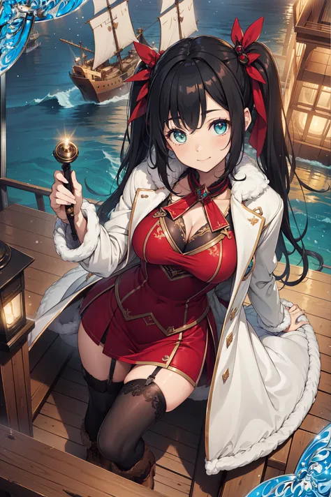 (Best quality, A high resolution, Textured skin, High quality, High details, High details,Extremely detailed CG unity), (female) Enchanted,having fun,Being in love,explorer in fantasy world, black hair, green eyes, long pigtails, hair decoration, wearing h...