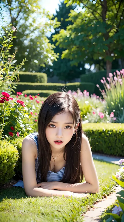 In a beautiful garden, 18-year-old, Lying on one&#39;s back, ((Random sexy poses、Insert、Deep joy、Severe pain、Ecstatic eyes:1.2）,Despair, ((Gasping hard:1.2))、Ecstatic face、Natural Makeup, Climax expression、Endure:1.5)), Grit your teeth、My whole body is con...