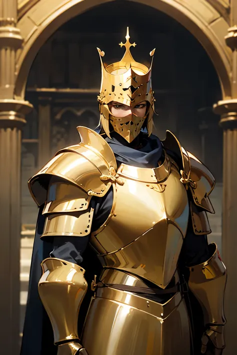 A medieval knight in gold armor who is wearing a crown 