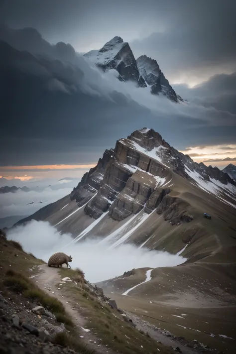 personajes de caricatura alpinistas, un cerdo, un mapache, un armadillo, un perro , un dinosaurio, un gato,una tortuga y un caracol, all mountaineers with mountain equipment climbing in a storm