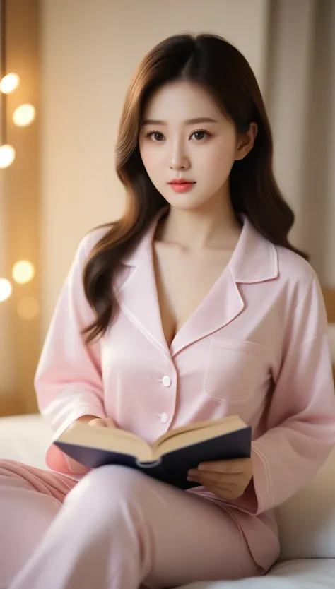 close-up of beautiful korean female, 34 inch breasts size, wearing pyjamas, reading book in the room, bokeh background