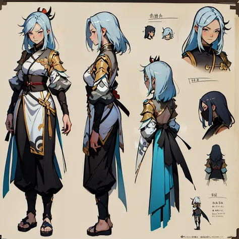 Close-up of a girl in a samurai costume, ((character concept art)), ((character design sheet, same character, front, side, back)) maple story character art, video game character design, video game character design, maple story gun girl, expert high detail ...