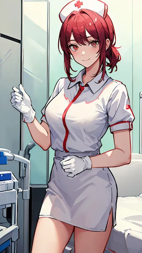 Girl1,Nurse, wearing white, ((nurse cap,white legs, Zetai Ryuki)), white gloves, standing, ((hospital room)), short sleeves,seductive smile,Eyes droop,Sharp outline,super detail,high quality,high details,best quality,1080P