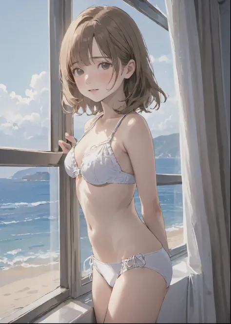 ((photorealistic background:1.5)),((gravure idol pose)), (small breasts:1.1), swimwear, ((bikini:1.5)), at the window overlookin...