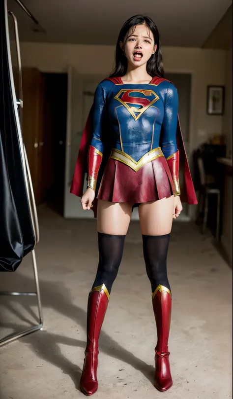 No background、(((Anguished expression)))、(((Are crying)))、(((Screaming)))、(((Beautiful legs in black tights.)))、(((Legally express the beauty of your smile)))、((((Make the most of your original images)))、(((Supergirl Costume)))、(((Supergirl's tattered ...