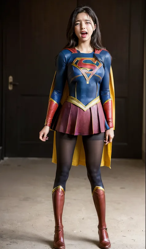 No background、(((Anguished expression)))、(((Are crying)))、(((Screaming)))、(((Beautiful legs in black tights.)))、(((Legally express the beauty of your smile)))、((((Make the most of your original images)))、(((Supergirl Costume)))、(((Supergirl's tattered ...
